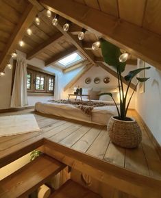 an instagram photo of a bedroom with lights on the ceiling and wooden flooring