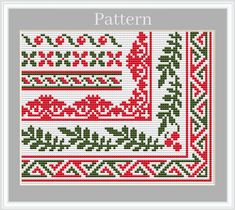 a cross stitch pattern with red and green trimmings on the border, which is in