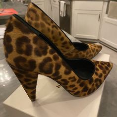 New! Marc Fisher Pump In Leopard Print Calf Hair Chic Calf Hair Pointed Toe Heels, Chic Calf Hair Heels With Pointed Toe, Chic High Heel Calf Hair Shoes, Chic High Heel Calf Hair Heels, Chic Calf Hair High Heels, Strappy Block Heel Sandals, Hair Color Brown, Strappy Block Heels, Leopard Print Heels