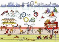 this is an image of a cartoon scene with people and animals on the beach in front of the olympic rings