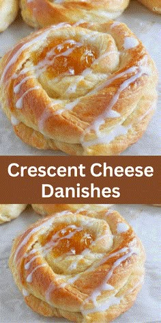 two different views of cheese danishes with icing