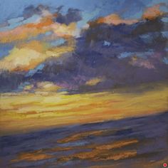 an oil painting of a sunset over the ocean with clouds in the sky and water below