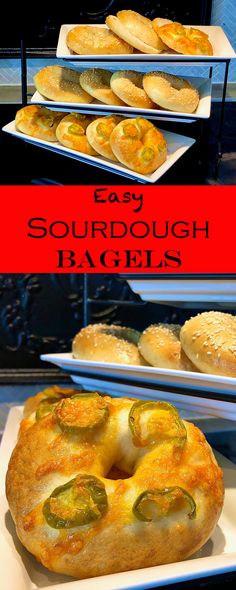 three trays filled with different types of food on top of each other and the words easy sourdough bagels above them