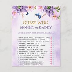 a purple flowered card with the words guess who mommy or daddy