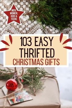 wrapped christmas gifts text reads - 103 easy thrifted christmas gifts Sentimental Diy Christmas Gifts, Best Thrifted Gifts, Goodwill Christmas Gifts, Thrift Shop Gift Ideas, Thrifted Christmas Gifts Ideas, Thrift And Gift, Thrift Gifts Easy Diy, Repurposed Gift Ideas, Vintage Christmas Gift Ideas