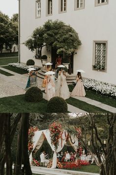 two pictures of people standing in front of a house with flowers on the ground and trees