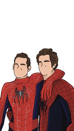 two men dressed in spider - man costumes, one with his arm around the other