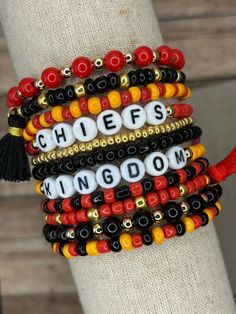 The ultimate bracelet listing for any Kansas City Chiefs Kingdom fan! Win that Dynasty! This is our BLACK set! We also offer a WHITE set! Here's a link for the WHITE set: https://www.etsy.com/listing/1782515149/kansas-city-chiefs-bracelets-chiefs These bracelets are SOLD INDIVIDUALLY unless purchased as a STACK! If wanting multiple bracelets, please add each one individually to your cart! Bracelets with letter beads can be personalized to exchange for a different word/name or player number. Plea Stanley Decor, Chiefs Kingdom, Football Bracelet, Sport Theme, Multiple Bracelets, Bracelets Handmade Diy, Chiefs Football, Crafty Mama, Kc Chiefs