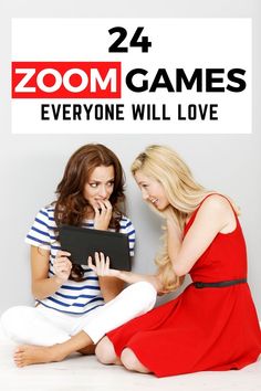 two young women sitting on the floor with a tablet computer in front of them and text that reads zoom games everyone will love