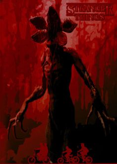 a red and black painting of a demon with horns on it's head metal print