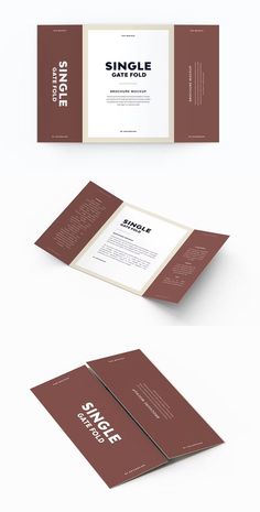 three folded brochure mockups with different colors and font on the front, back and