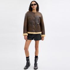 This luxurious oversized jacket reimagines the classic four pocket cardigan with a nod to vintage aviator styles. Crafted of washed lamb leather with a well-loved feel it’s finished with leather-covered Signature buttons and plush shearling trim. | Coach Shearling Cardigan Jacket - Women's Size Small - Dark Brown Pocket Cardigan, Large Wallet, Aviator Style, Oversized Jacket, Feel It, Cardigan Jacket, New Handbags, Belt Bag, Dark Brown