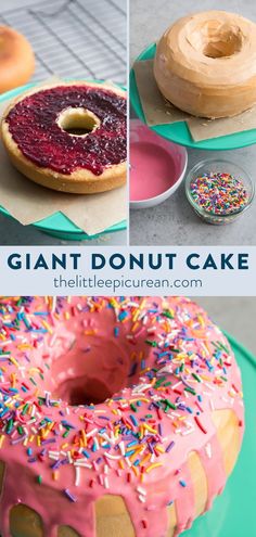 donut shaped cake being made and served with text overlay giant donut cake Donuts