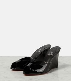 Find CHRISTIAN LOUBOUTIN Me Dolly Zeppa Patent Leather Sandals on Editorialist. Sole: leather insole and sole. Toe shape: almond open toe. Upper: leather. Comes with a box. Designer color name: Black/Lin Black. Made in Italy. Comes with dust bags.