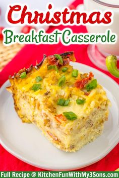 christmas breakfast casserole on a white plate with a glass of milk in the background