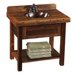 a wooden vanity with a sink and towel rack on it's side, next to the words barnwood open vanity