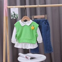 3-piece Vest & Shirt & Pants for Toddler Girl - PrettyKid Celana Jeans, Vest Shirt, Shirt And Pants, Stylish Shirts, Red Lips, Jean Outfits, Light Green, 3 Piece, Toddler Girl