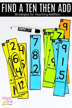 some paper numbers and markers on a white surface with the words find them then add