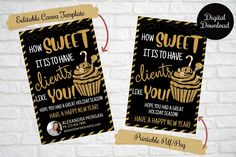 two black and gold cupcakes birthday party cards with the words sweet it's to