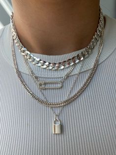 #aesthetic #tiktok #instagram #pinterest #trendy #jewelry #gold #silverjewellery #evryjewels #rings #ringstack #ringspiration #goldjewellery #silver #simple #pinterestinspired #pinterestgirl #pinterestaesthetic #necklace #necklaceoftheday Silver Chain Outfits Women, Silver Necklaces Layered, Pin Necklace, Mens Silver Jewelry, Edgy Jewelry, Silver Necklace Set, Layered Necklaces Silver, Necklace Making, Classy Jewelry