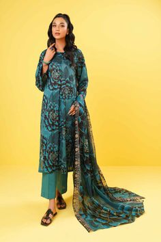 Spring Formal Printed Lawn Suit, Blue Formal Sets With Digital Print, Elegant Silk Lawn Suit With Digital Print, Elegant Formal Printed Unstitched Suit, Elegant Printed Unstitched Formal Suit, Elegant Printed Unstitched Suit For Formal Occasions, Green Printed Unstitched Suit For Summer, Formal Green Sets With Digital Print, Formal Green Digital Print Set