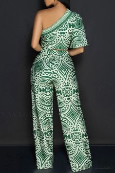 Lasaky - Relaxed yet Stylish Vacation Wear Crop Top and Wide Leg Pants Two-Piece Set Top And Wide Leg Pants, Fashion Travel Outfit, Wear Crop Top, Vacation Wear, One Shoulder Top, Flowy Pants, Shoulder Crop Top, One Shoulder Tops, Pop Of Color