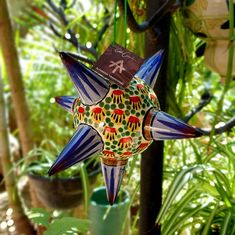 an ornament in the shape of a star hanging from a tree