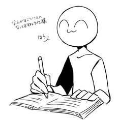 a cartoon character sitting at a desk writing on a book and holding a pen in his hand