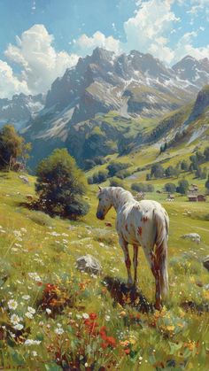 a painting of a white horse standing in a field with mountains in the back ground