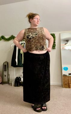 plus size 90s black maxi skirt aesthetic inspo black platform sandal Thrifted Outfits Skirts, Black Maxi Skirt Outfit Midsize, Black Maxi Skirt Outfit Spring, Plus Size Black Skirt Outfit, 90s Skirt Outfits Long, 90s Platform Sandals Outfit, Long Skirt Outfits Plus Size, Plus Size 90s Outfits, Plus Size 2000s Fashion