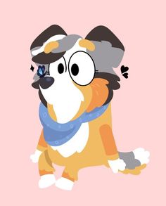 a cartoon dog with glasses and a scarf around its neck, on a pink background