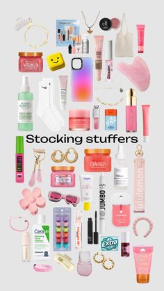 an image of various items that are arranged in the shape of a heart with text reading stocking stuffers