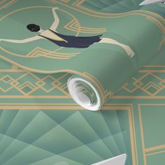 an art deco wallpaper with a woman swimming in the ocean on green and gold