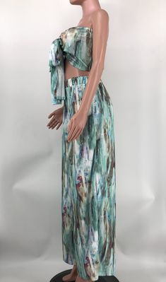 Tie Dye Print Strapless Crop Top Wide Leg Pants Suit Spring Two-piece Wide Leg Bottoms, Green Wide Leg Sets For Vacation, Beach Two-piece Wide Leg Sets, Beach Two-piece Set With Wide Leg, Green Two-piece Pant Set For Spring, Spring Green Two-piece Pant Set, Green Pant Set For Spring, Green Wide Leg Beach Sets, Green Wide-leg Beach Sets