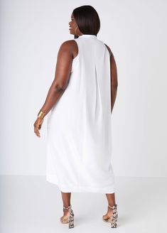 Plus Size Summer Pleated Shirtdress Plus Size Woven Dress Daywear Longline Maxi Dress, Chic Shift Midi Length Shirt Dress, Chic Mid-length Shirt Dress For Work, White Midi Dress With Pleated Back, Chic Daywear Shift Shirt Dress, Chic Midi-length Shirt Dress With Pleated Hem, Shift Midi Shirt Dress For Day Out, Midi Maxi Dress With Side Slits For Daywear, Chic Maxi Length Shirt Dress For Daywear