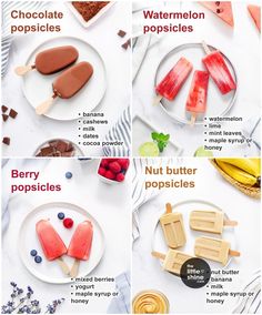 different popsicles are arranged on a white plate with chocolate, watermelon, and raspberries