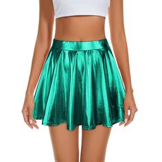 PRICES MAY VARY. 95% Polyester, 5% Spandex Hand Wash Only Materials: Metallic Skirt for Women. Our silver shiny flared skirts are made of high quality polyester and spandex. Our skirts are comfortable to wear, stretchy, lightweight, breathable, comfortable and skin-friendly. The special material makes it reflective like metal, perfect for Halloween wear. Design: Silver skirt for women. The high-waisted flared pleated skirt shows slender legs, the flared mouth is wide and good-looking, and the he Stretch Halloween Mini Skirt, Shiny Stretch Mini Skirt, Halloween Stretch Mini Skirt, Metallic Mini Skirt With Stretch, Metallic Stretch Mini Skirt, Metallic Stretch Skirt For Summer, Summer Metallic Stretch Skirt, Halloween Party Mini Skirt, High Waist Stretch Tennis Skirt For Party