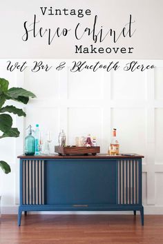 an old dresser is painted blue and has the words vintage style stencil makeover on it