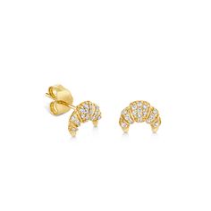 14k yellow gold and diamond small croissant stud earrings. Fine 14k gold posts and backs. Each stud measures approximately 1/4"H x 3/8"W. Dragonfly Jewelry Rings, Designer Earrings Studs, Kids Studs, Unique Studs, Cross Earrings Studs, Rose Gold Earrings Studs, Daisy Studs, Dragonfly Jewelry, Sydney Evan