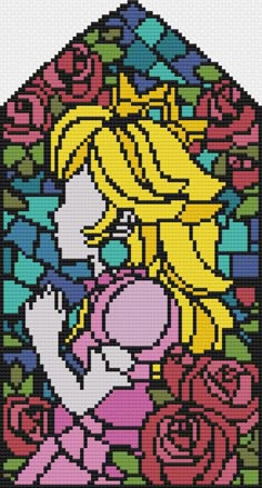 "This listing is for a cross stitch pattern featuring the famous Princess Peach mural from Super Mario! Digital patterns include: -1 stitch chart in black and white -1 stitch chart in color -A color key with DMC floss colors, the yardage needed, and number of stitches This pattern is drafted on 14-stitch fabric/Aida. Approximate size of the entire pattern is 5.1x9.6\". Digital files are copyright of Bitlings. By purchasing a digital file you agree not to copy or redistribute it." Super Mario Alpha Pattern, Stain Glass Pixel Art, Princess Peach Cross Stitch Pattern, Princess Peach Cross Stitch, Princess Peach Pixel Art, Peach Pixel Art, Pixel Art Templates Pattern, Minecraft Pixel Art Grid, Mario Cross Stitch Pattern