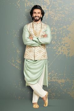 Lavish Cream Kurta Jacket Men Wedding Dress Fashion Engagement Outfits Indian, Manyavar Kurta, Bridegroom Outfits, Men Wedding Dress, Wedding Matching Outfits, Wedding Dress Fashion, Wedding Outfits For Groom