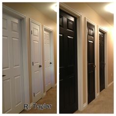 three different doors in the same room, one black and one white with text that says r taylor