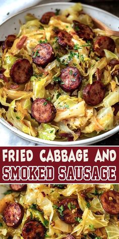 two pictures with sausages, cabbage and sauerkraut in them on the same plate