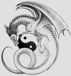 a black and white drawing of a dragon with blue eyes