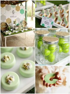 a collage of green and gold desserts, cupcakes, candies