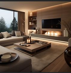 modern living room with fireplace and large windows