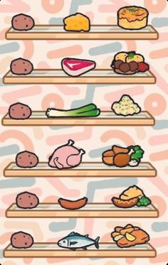 an image of food on shelves with different types of foods in the bottom tiers