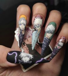 Nails Based On Anime, Gojo Nail Ideas, Gojo Satoru Nails Design, Manga Nail Art, Gojo Inspired Nails, Jjk Nails Gojo, Jjk Inspired Nails, Gojo Nails Inspired, Gojo Tattoo Designs