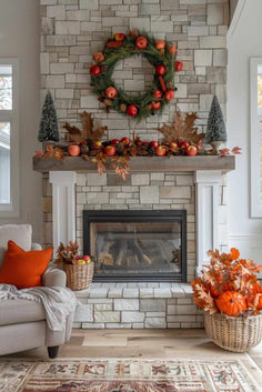 40 Farmhouse Fall Mantel Decor Ideas for a Stylish Autumn Fall Mantle Decor With Tv, Mantle Decor With Tv Above, Thanksgiving Living Room Decorations, Holiday Mantel Decor, Fall Fireplace Decor, Colorful Christmas Decorations, Fall Mantle Decor, Modern Fall Decor, Mantel Decorating