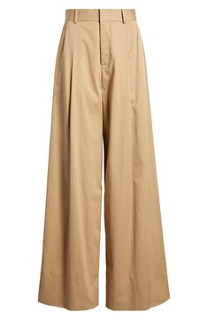 A pleated front adds casual elegance to these staple pants fashioned from comfortable stretch cotton with a high waist and wide legs. 32" inseam; 25" leg opening; 14 1/2" front rise Zip fly with hook-and-bar closure On-seam pockets; back welt pockets 98% cotton, 2% elastane Dry clean or machine wash, tumble dry Imported Beige Pleated Bottoms For Daywear, Neutral Cotton Wide Leg Pants For Work, Chic Brown Cotton Wide Leg Pants, Chic Pleated Cotton Wide Leg Pants, Chic Cotton Pleated Wide Leg Pants, Brown Pleated Wide-leg Bottoms, Brown Pleated Wide Leg Bottoms, Brown Pleated Cotton Bottoms, Brown Wide-leg Chinos For Workwear